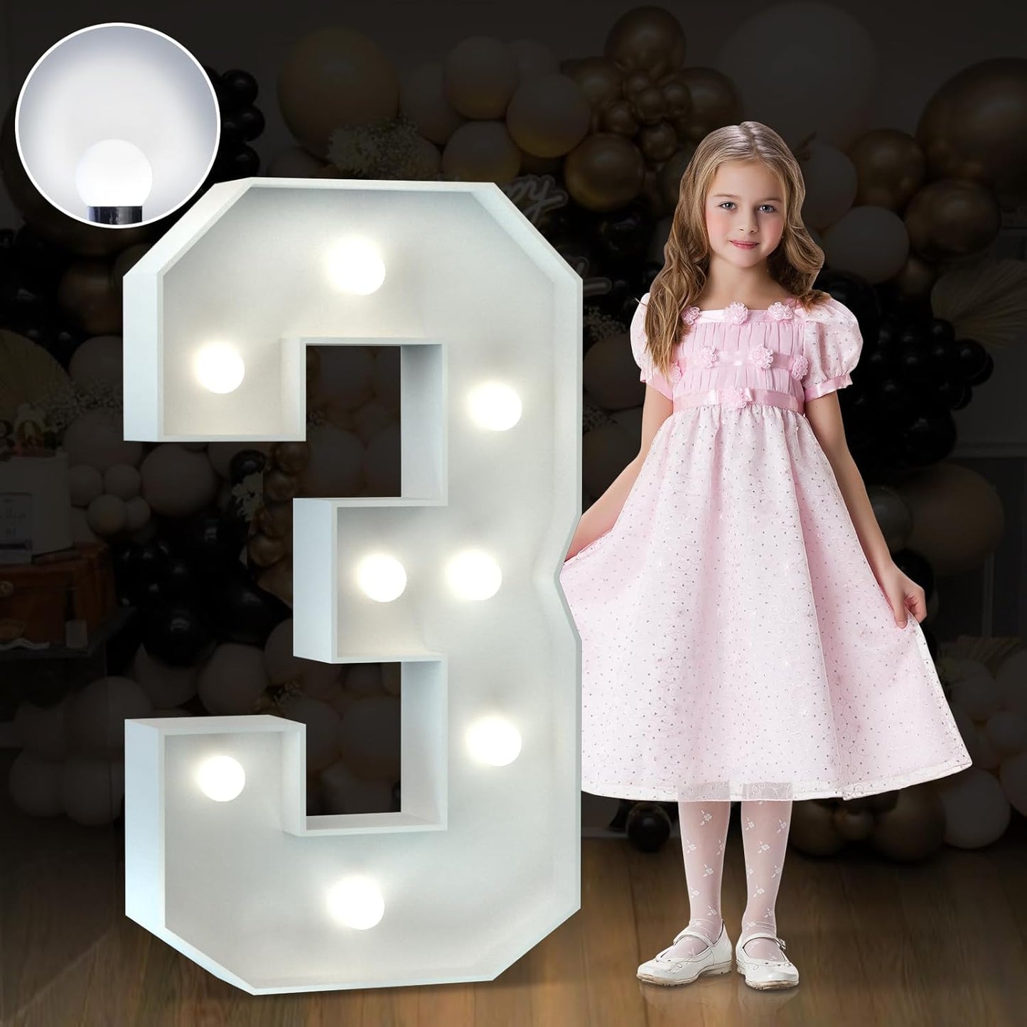 Marquee Numbers 3 Feet Tall Big Light Up Numbers 3rd 13th 30th Happy Birthday Decorations Girl Boy White Anniversary Party Decor Large Cardboard Prop Backdrop Sign 3