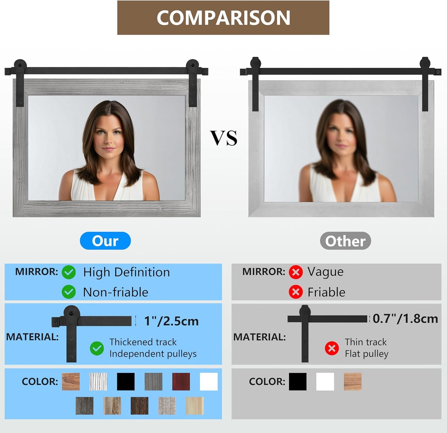 COGOOD Farmhouse Bathroom Mirror - 41" x 30" Rustic Barn Door Mirror for Living Room, Entryway, Bedroom, Vanity Wall Decor (Grey)