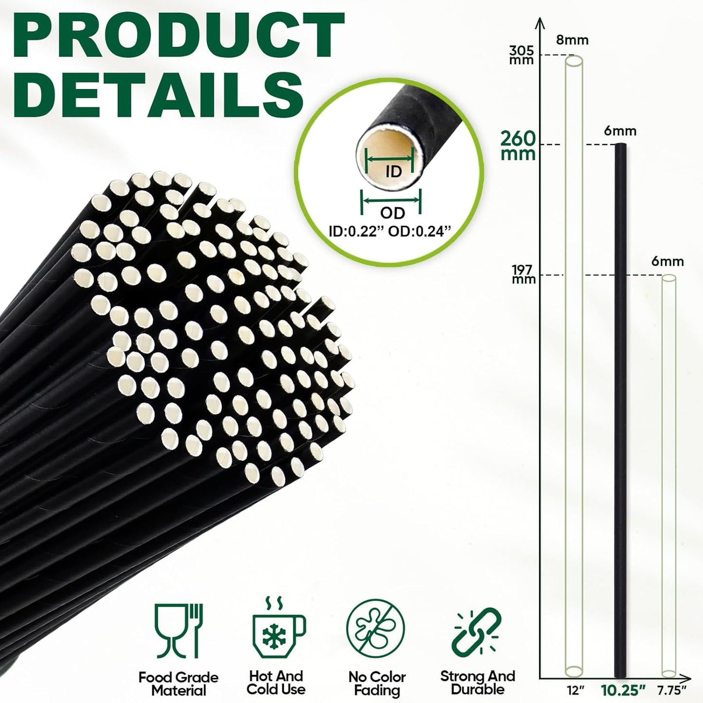 10 Inch Tall Disposable Black Paper Drinking Straws, 0.24" Diameter - Pack of 100
