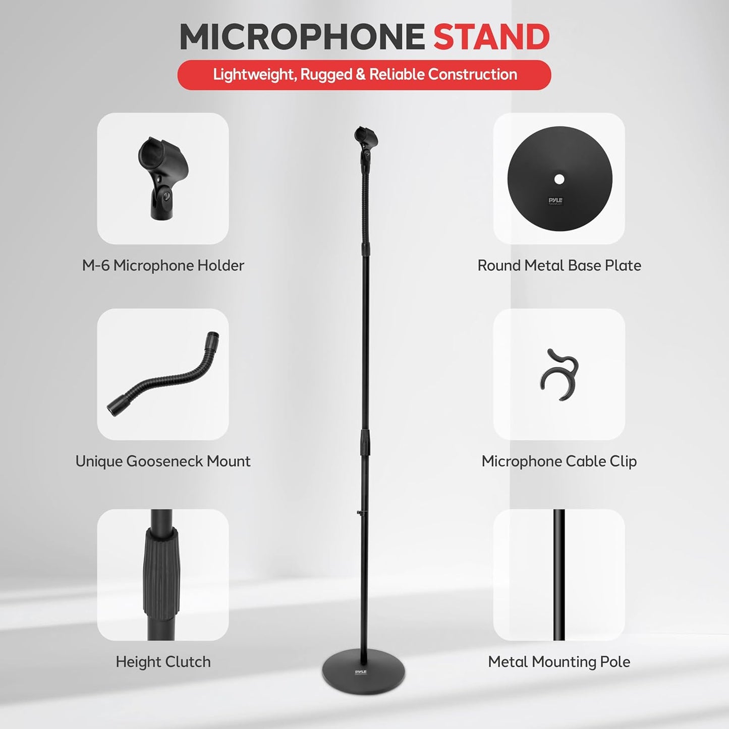 Pyle Universal Microphone Stand - M-6 Mic Holder USA Standard Adapter and Height Adjustable from 31.5??to 60??Inch High w/ Pivotable Gooseneck Mount - Heavy Duty Clutch Tension Knob PMKS32