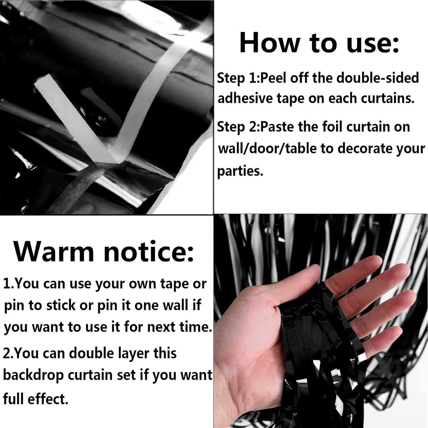 4 Pack Black Foil Fringe Curtain Backdrop, 3.28Ft x 8.2Ft Metallic Tinsel Streamer Curtains for Party, Photo Booth Props, Birthday, 2022 Graduation Decoration Party Supplies