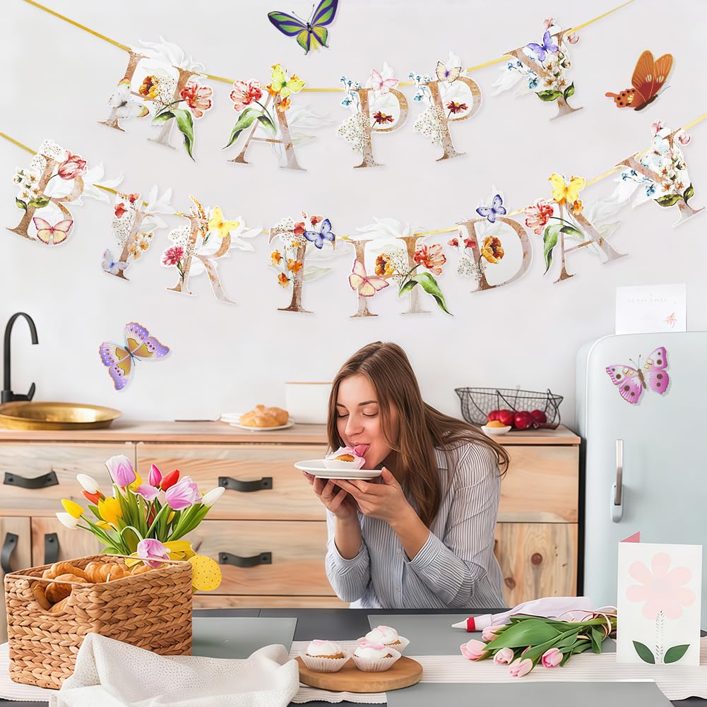 Flower Butterfly Happy Birthday Banner, Boho Groovy Floral Birthday Sign