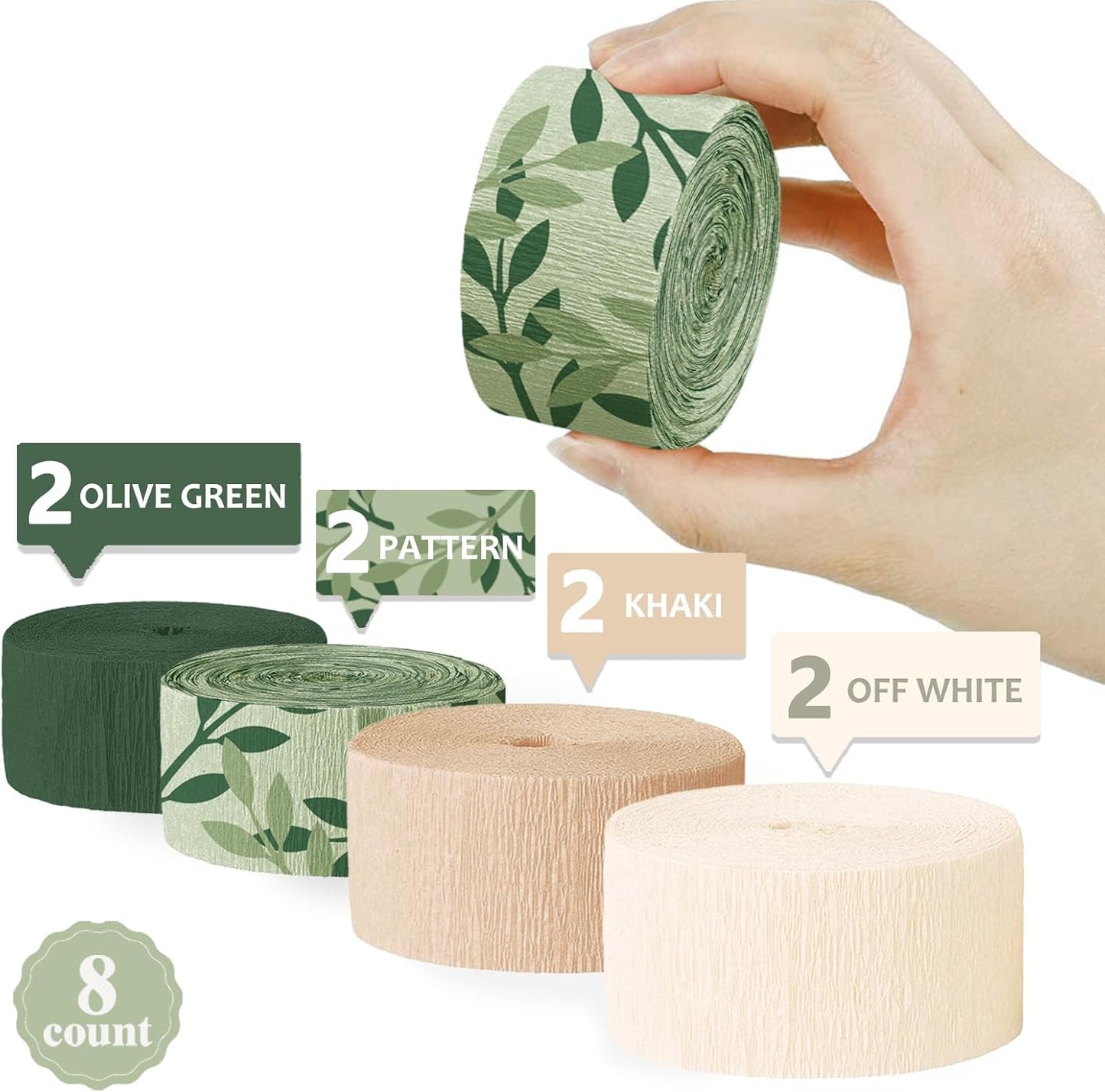 AOBKIAT Wedding Party Baby Shower Decorations,8 Rolls Green Crepe Paper Streamers for Birthday,Engagement,Bridal Shower,Anniversary,DIY Tassels,Boho Green Theme Party