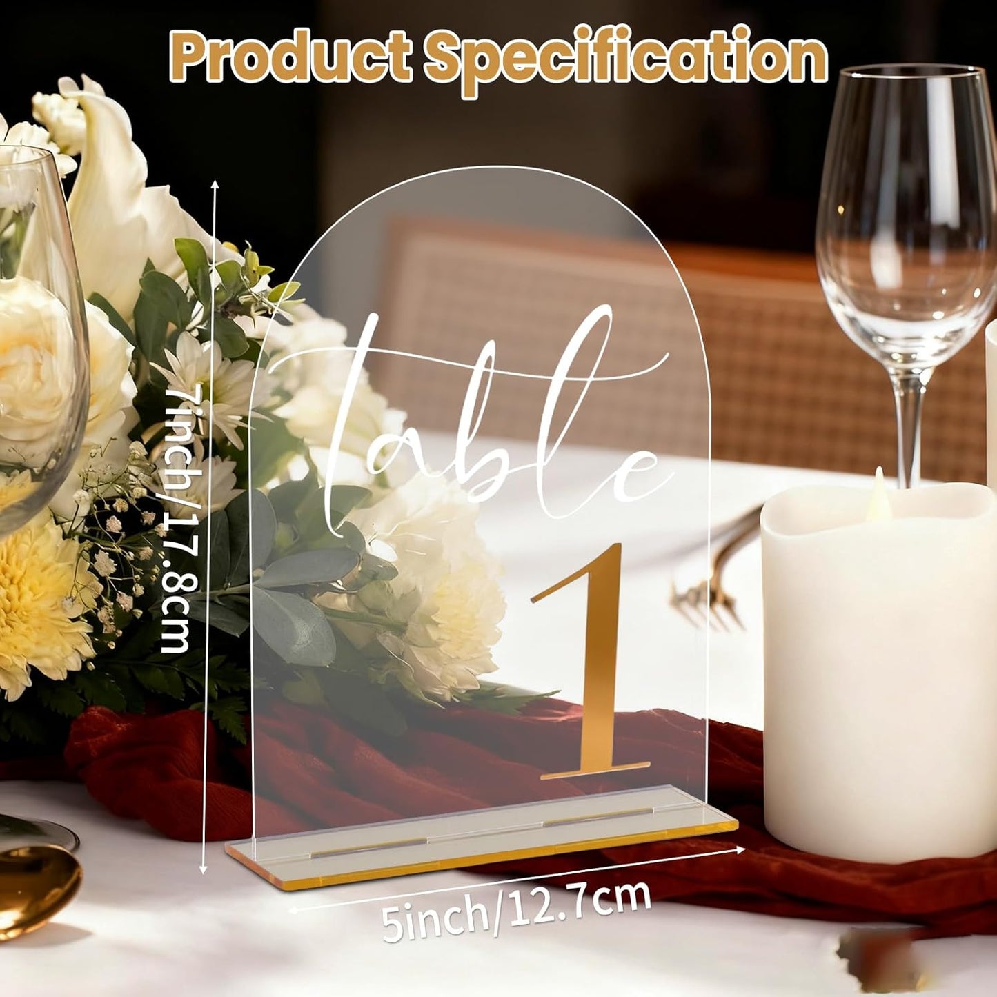 Arch Wedding Table Numbers 1-10 with Stands, 5” x 7” Elegant Acrylic Display Signs with Golden Text, Perfect Table Numbers for Wedding Reception, Centerpiece, Decoration, Party, Anniversary and Event