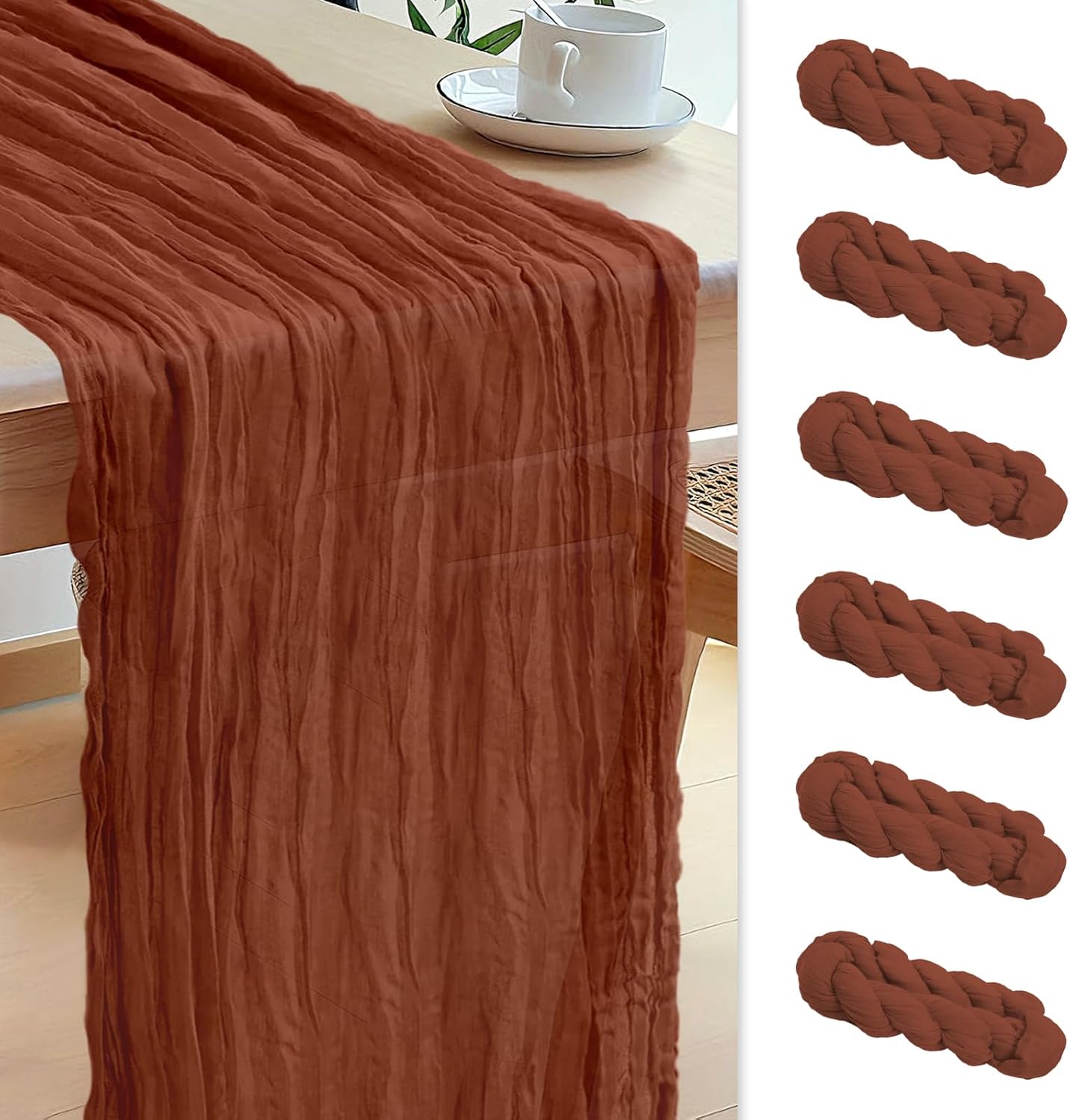 Le courant 12pcs 10Ft Cheesecloth Table Runner, Rustic Boho Gauze Cheese Cloth Runner Table Runner for Weddings Bridal Baby Shower Birthday Holiday Parties Home Decor, Terracotta