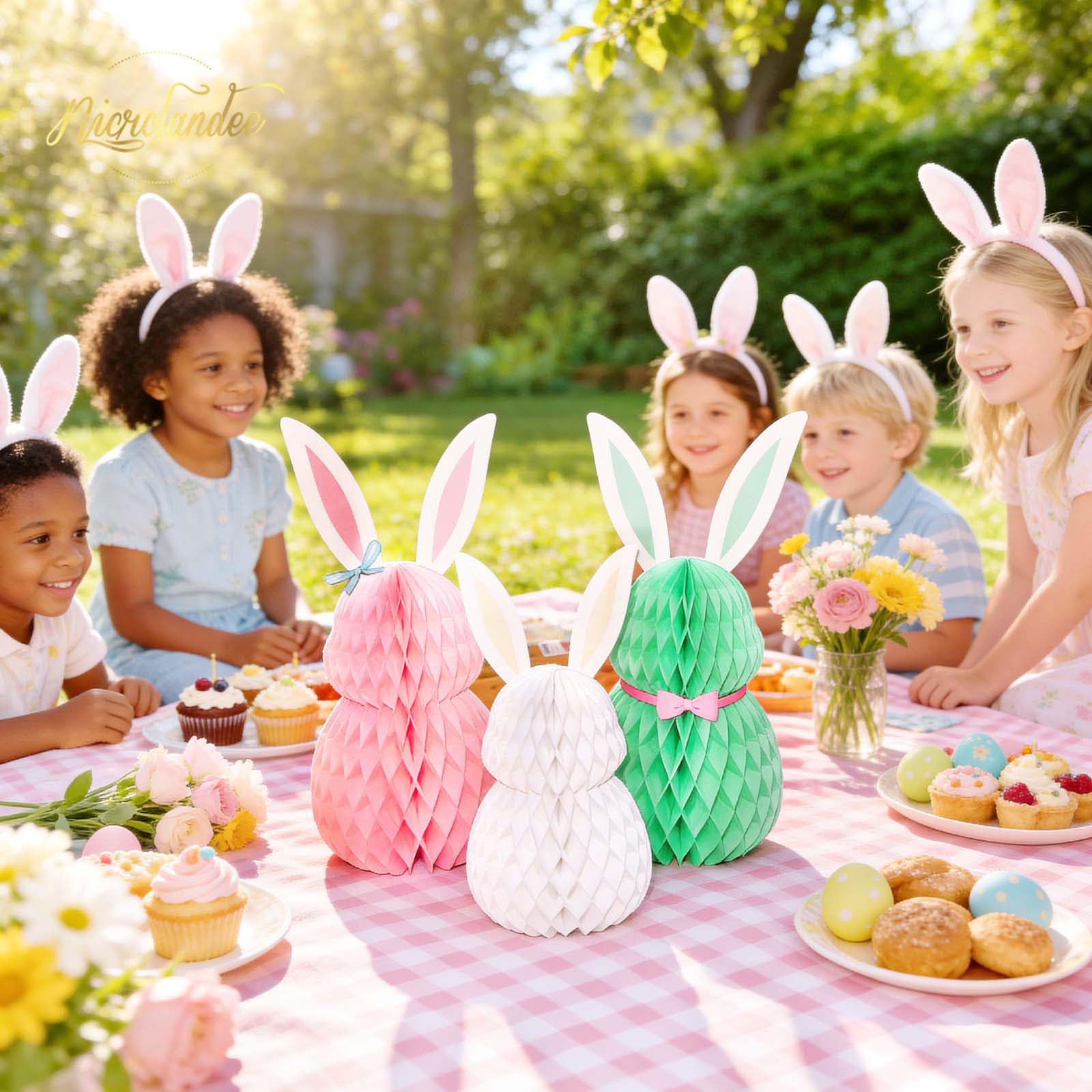 NICROLANDEE Easter Decorations - 3Pcs Mini Easter Bunny Family Honeycomb DIY Table Centerpiece Set