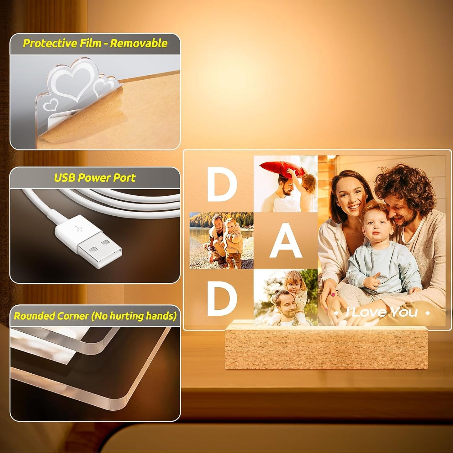 Personalized DAD Picture Frames, Customized Photo Frame with Night Light, Custom Picture Frames, Best Dad Ever Gifts, Personalized Christmas Birthday Gifts for Dad from Daughter Son Wife