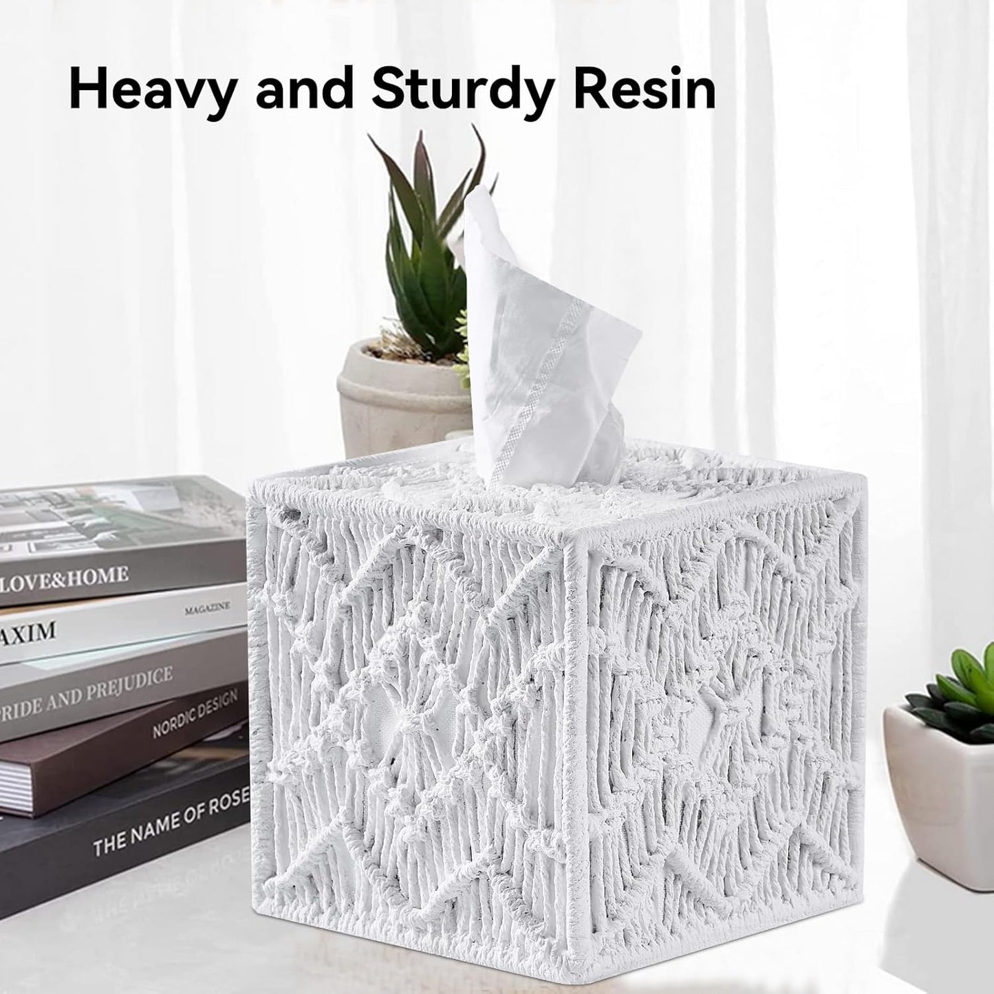 White Woven Macrame Boho Tissue Box Cover Square for Home Decor,Resin Heavy Woven Tissue Box Holder for Bathroom Kitchen Countertop,Bedroom, Vanity, Night Stand, Office Desk Top, Waterproof Durable