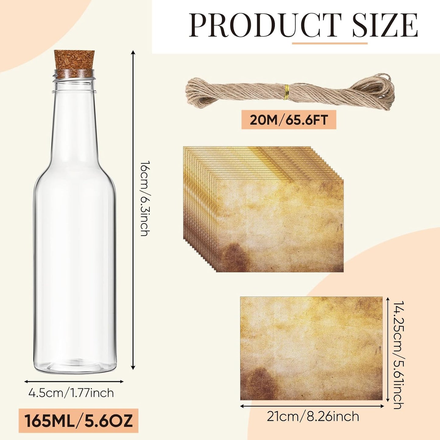 Baderke 24 Pcs 5.6 oz Message Bottles with Letter Printer Paper Plastic Bottles & Corks Twines for Message Invitations Birthday Wedding Baby Shower DIY Crafts Gift Party Favors (Vintage)