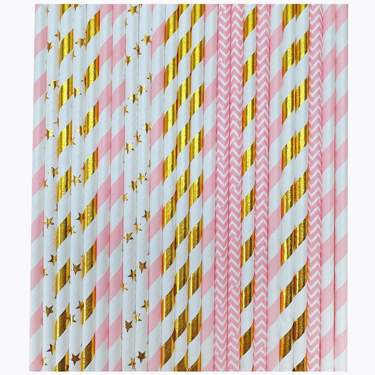 YAOSHENG [100 Pack] Pink & Gold Paper Straws Disposable, 100% Biodegradable Multi-Pattern Party Straws For Birthday, Wedding and Holiday Decoration (pink gold)