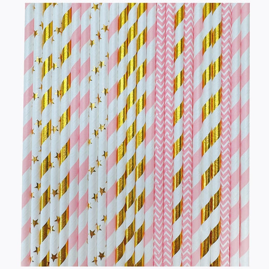 YAOSHENG [100 Pack] Pink & Gold Paper Straws Disposable, 100% Biodegradable Multi-Pattern Party Straws For Birthday, Wedding and Holiday Decoration (pink gold)