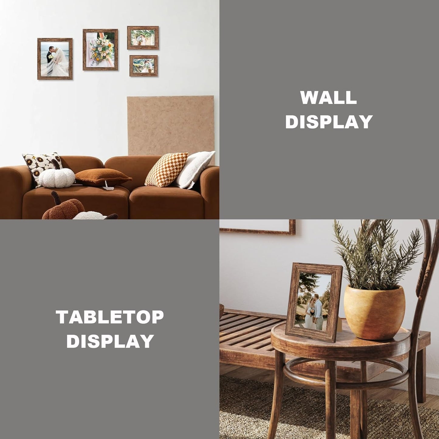 5x7 Picture Frame Set of 4, High Definition Glass Brown Frame, 5 x 7 Wood Rustic Photo Frames for Horizontal or Vertical Table Top and Wall Mounting