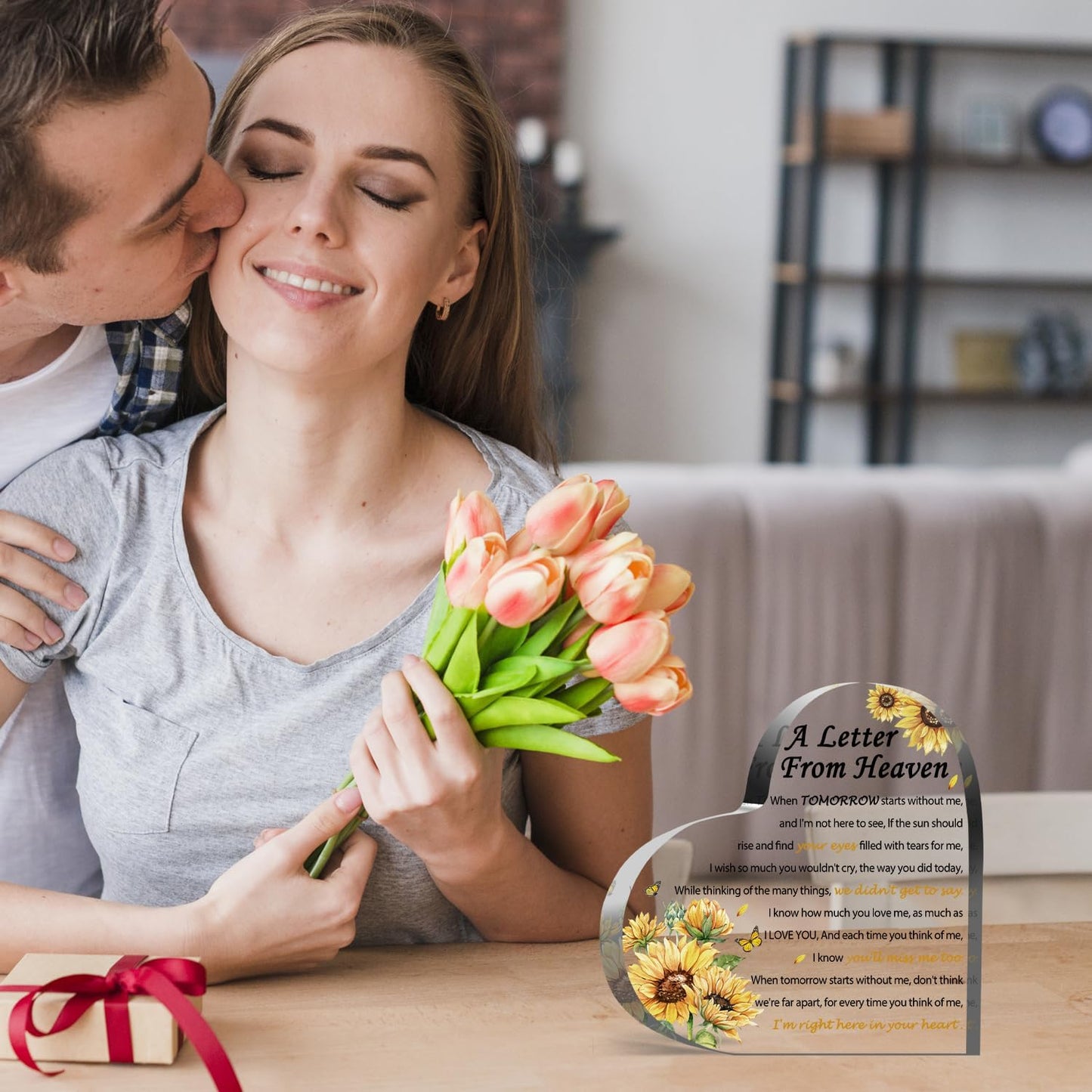 Sympathy Gifts - A Letter from Heaven- Memorial Gift for Loss of Mother Father Husband Son, Acrylic Heart Keepsake,Remembrance Sympathy Gifts （Sunflower）