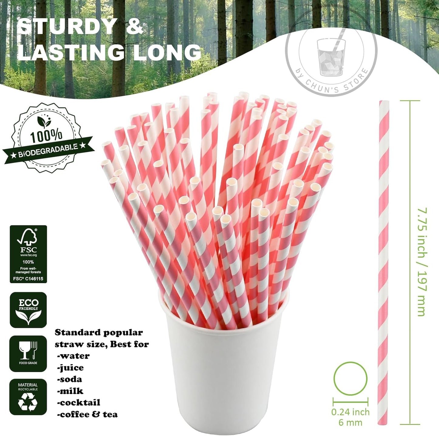 [1000 Count] Chunspak Pink and White Striped Paper Drinking Straws Bulk, 7.75" x0.24", Unwrapped - Biodegradable and Compostable