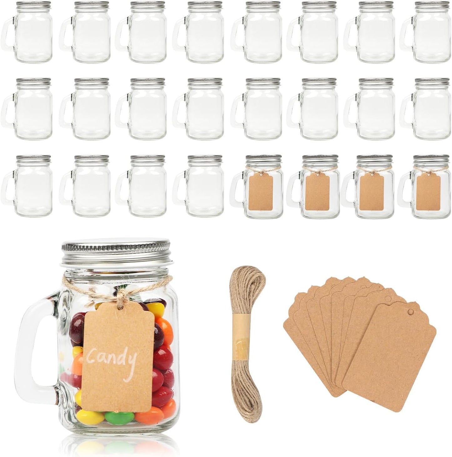 4 oz Small Mason Jar Mugs with Handle, 24 Pack Mini Glass Jars with Airtight Metal Lids, Empty Glass Mugs with Kraft Paper Gift Tag for Party Wedding Favor