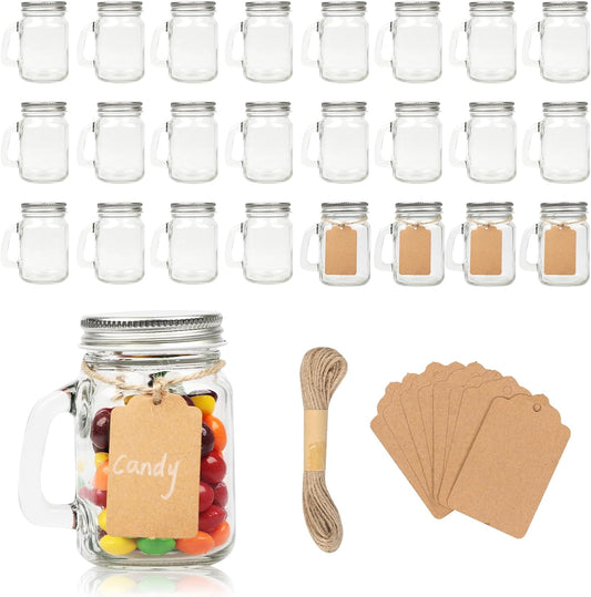 4 oz Small Mason Jar Mugs with Handle, 24 Pack Mini Glass Jars with Airtight Metal Lids, Empty Glass Mugs with Kraft Paper Gift Tag for Party Wedding Favor