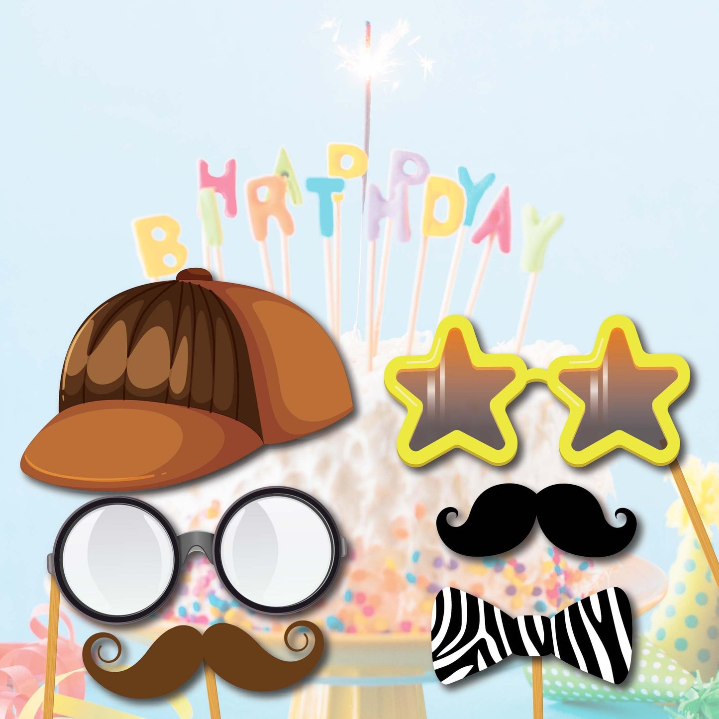 Party Photo Booth Props - 60-pc Photobooth Kit with 8 x 10-Inch Sign, 60 Adhesive Pads, 45 Sticks