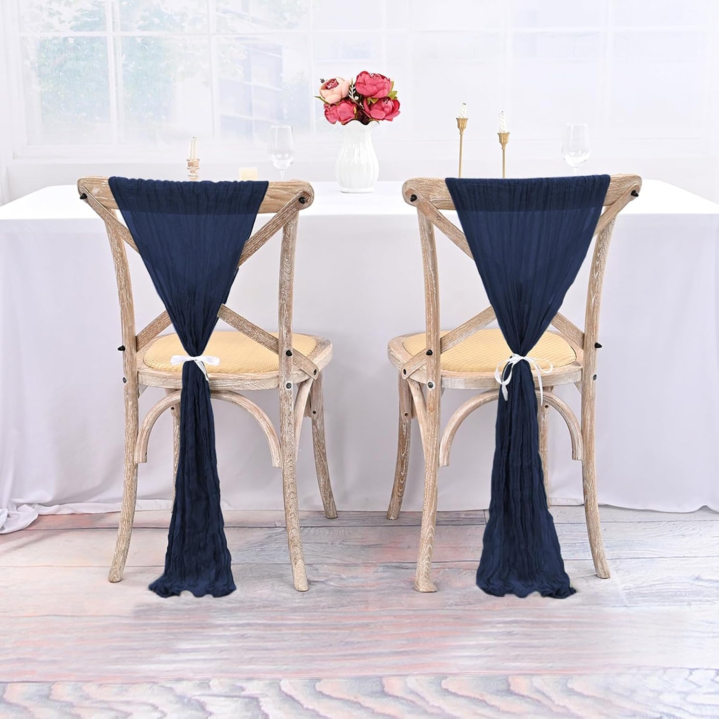 50 PCS Cheesecloth Chair Sashes Bows Wedding Aisle Decorations Chair Ribbon Ties Back Sash for Wedding Party Events Banquet Chair Cover Decoration (Navy Blue)