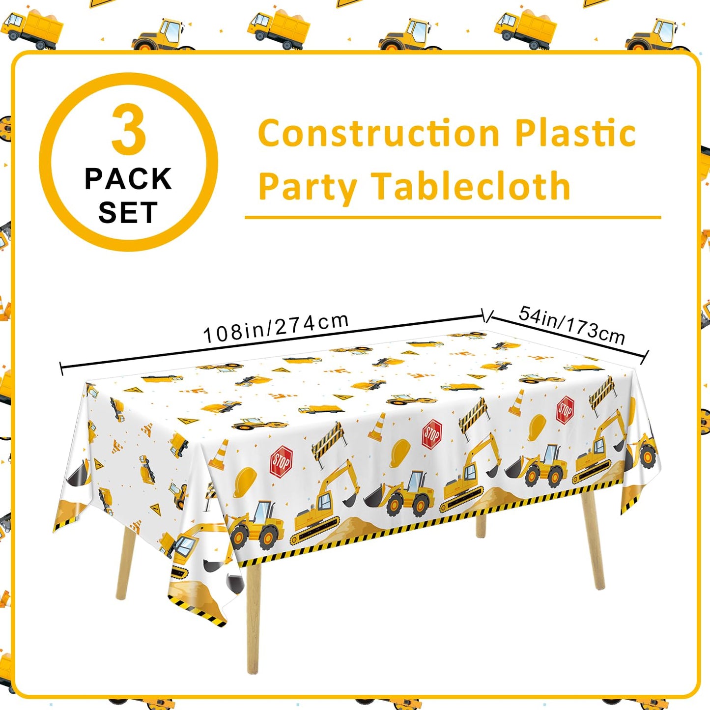 QIYANPAX 3 Pack Construction Plastic Birthday Party Tablecloths, 54 x 108 Inches - Truck Excavator