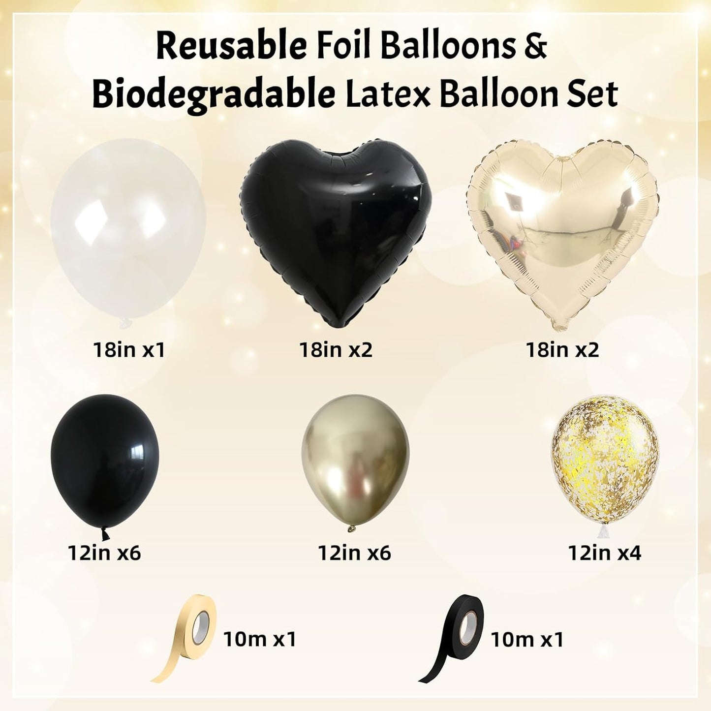 Light Gold and Black Balloons Heart Shape Balloons, Black and Gold Metallic Balloon for Birthday Party Decoration 18 in Clear Confetti Heart Shape Mylar Balloon as Class of 2025 Graduation Prom Decor