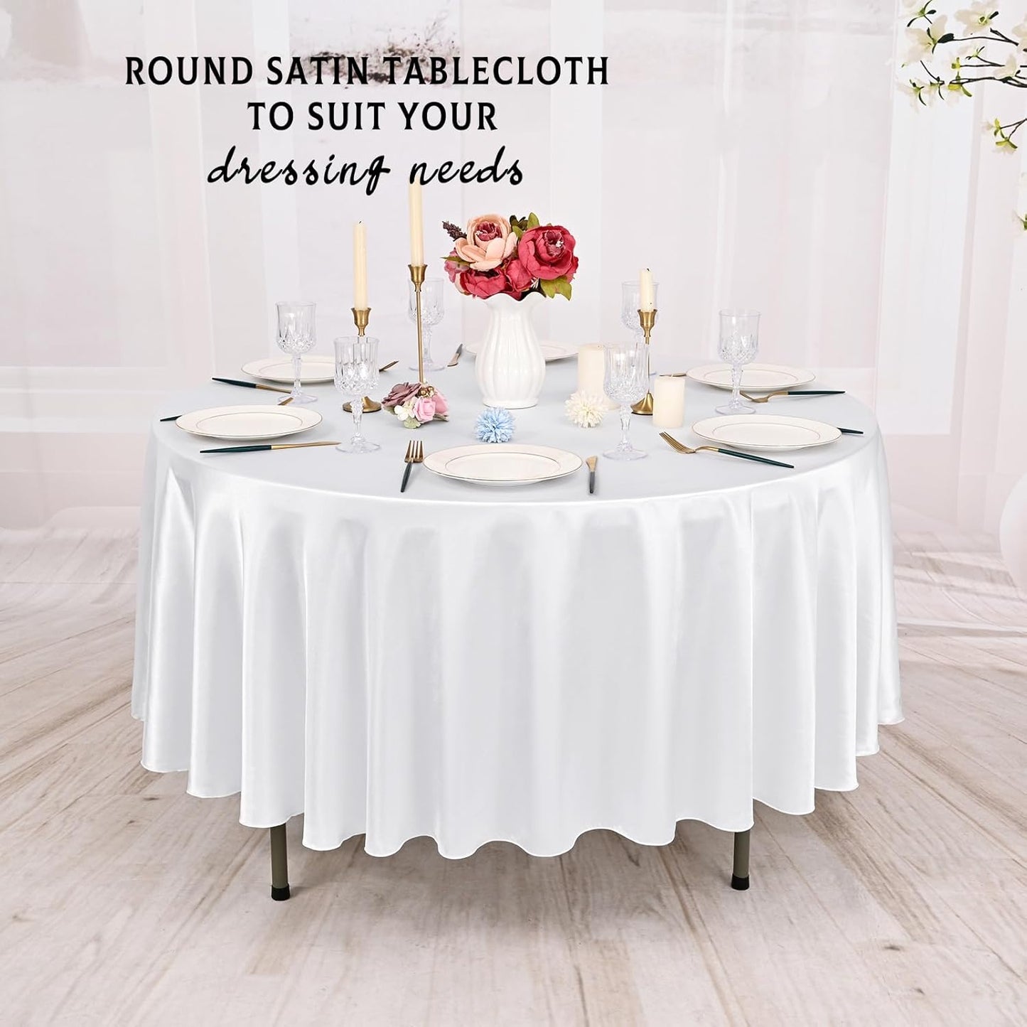 10 Packs Satin Tablecloth 120 Inch White Round Table Cloth Silk Tablecloth Smooth Fabric Overlay Satin Table Cover Decoration for Wedding Party Banquet Events