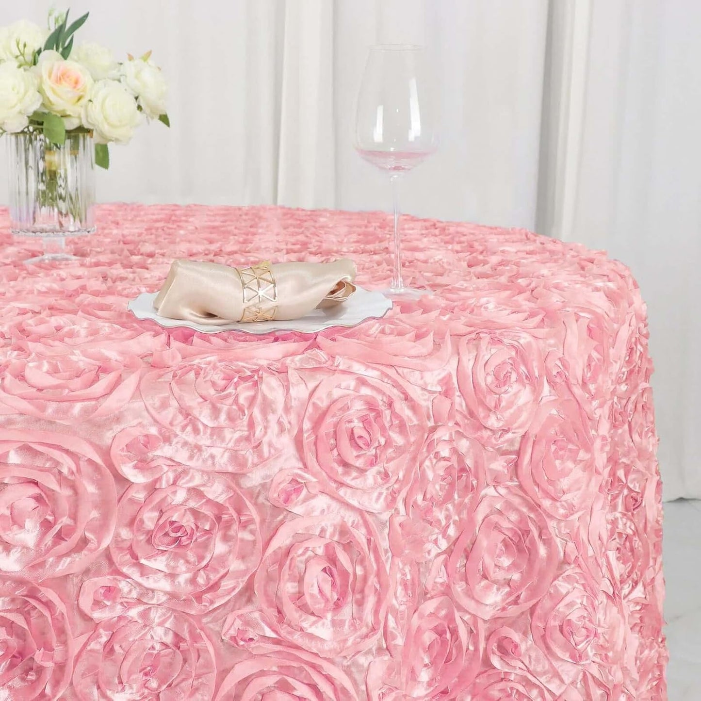 Efavormart 120" Wholesale Round Table Cover Pink Grandiose Rosette 3D Satin Tablecloth for Wedding Party Event Decoration