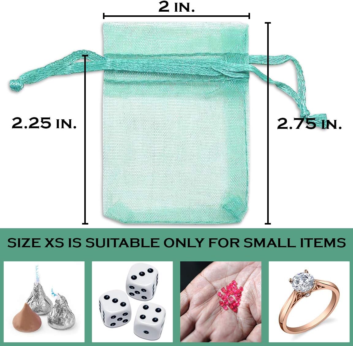 TheDisplayGuys 100-Pack XS XS 2x2 3/4" Teal Sheer Organza Gift Bags with Drawstring, Jewelry Candy Treat Wedding Party Favors Mesh Pouch