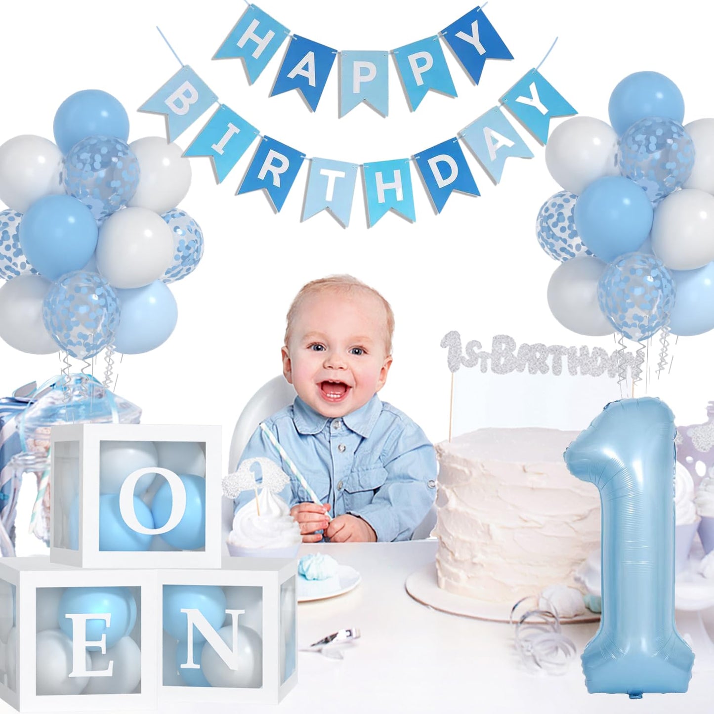 Yumiche First Birthday Decorations For Boy-40 Inch Blue 1 Number, Baby Blue White Balloons, Happy