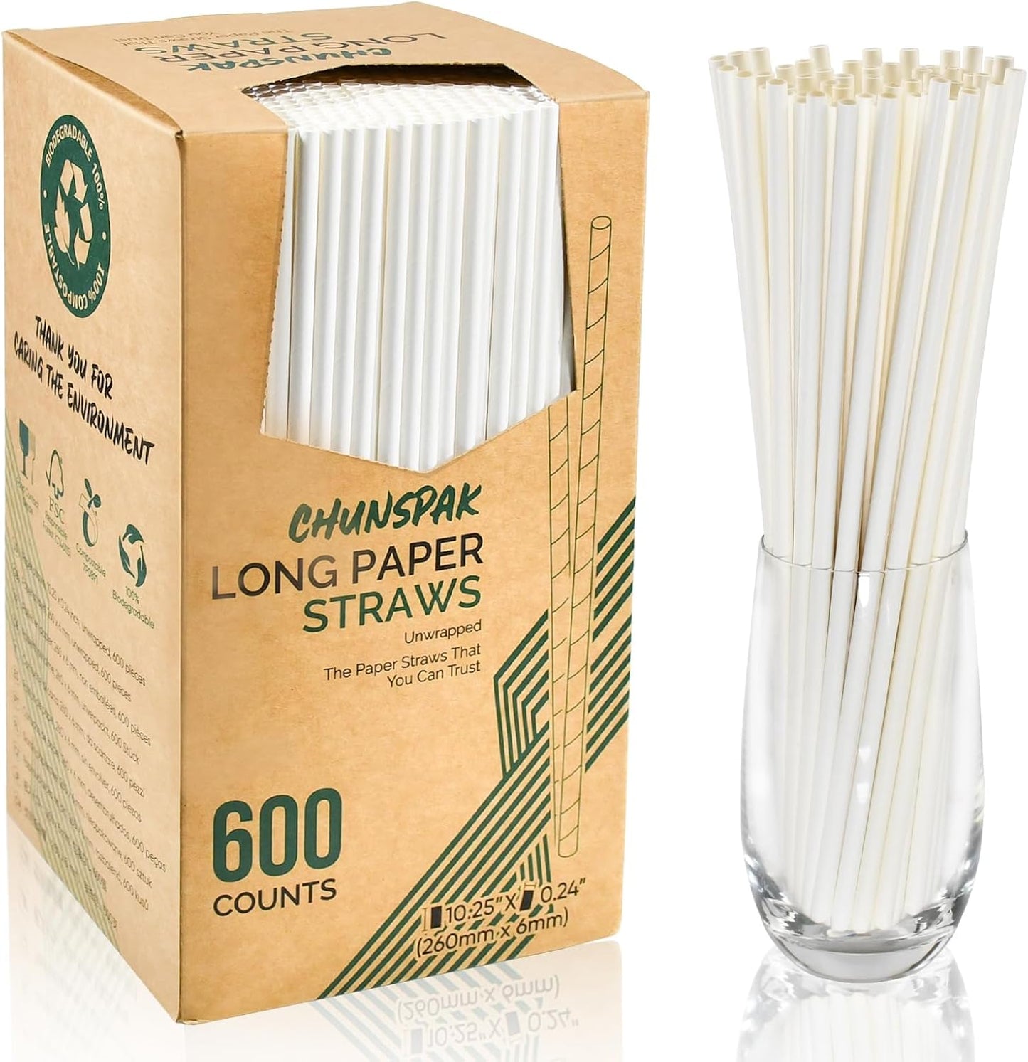 10.25" x 0.24‘ Long Disposable Paper Drinking Straws Bulk - Unwrapped, Dye-free White [600 Counts]