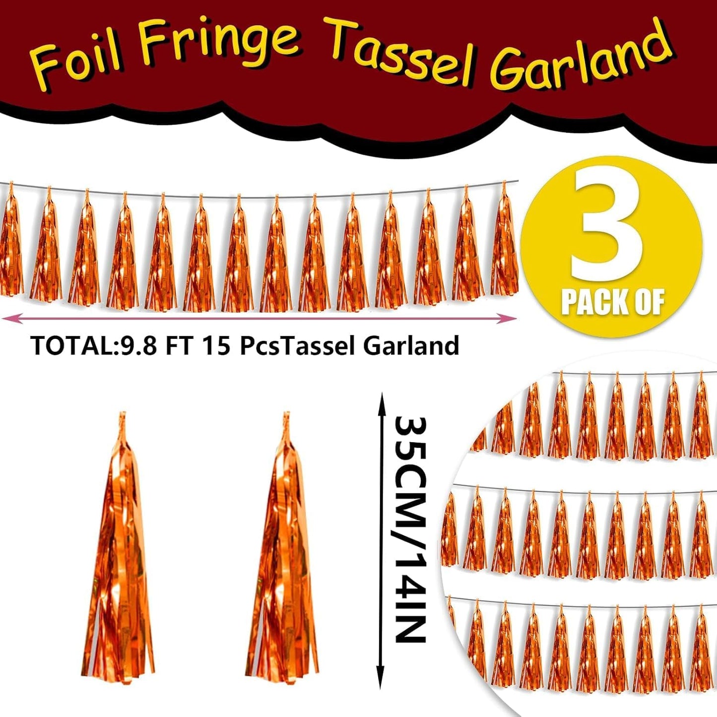 3P Metallic Fringe Tassel Banner Garland Foil Tinsel Streamer Wall Hanging Curtain Backdrop Banner for Parade Floats, Halloween Decorations, Christmas Day, Fall, Thanksgiving Party Decoration(Orange)
