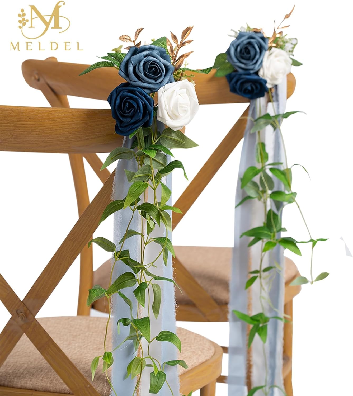 Meldel 10Pcs Elegnat Wedding Chair Back Decorations Aisle Artificial Blue White Rose Flowers Garland with Ribbion for Ceremony Reception and Reception Seating Arrangements Party Outdoor Decor