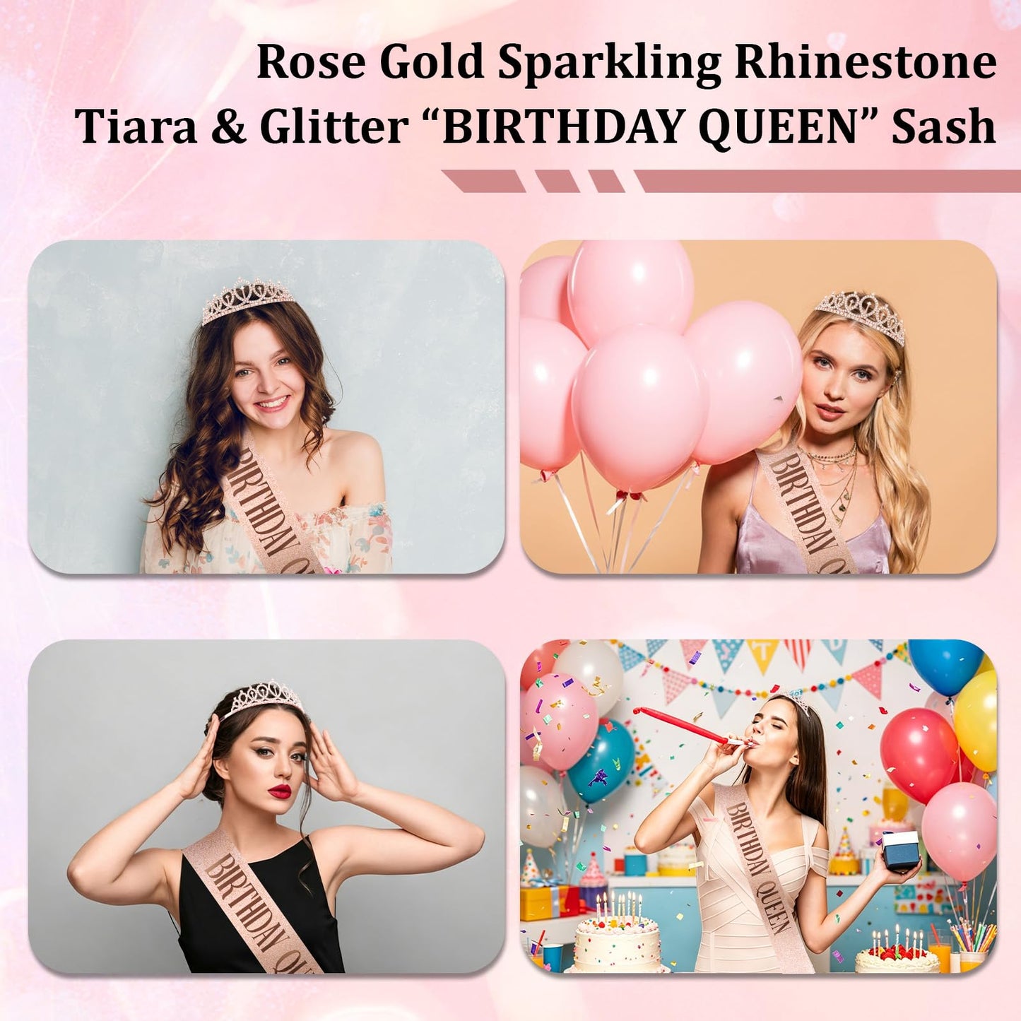 CAVETEE Rose Gold Rhinestone Tiara with Glitter Birthday Queen Sash, Birthday Party Decorations for