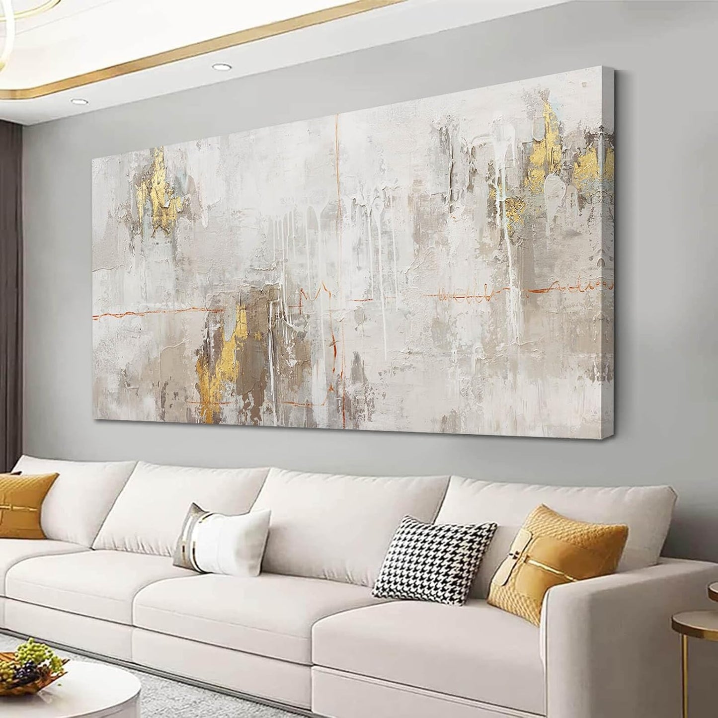 VAYIMDH Minimalist Wall Decor White with Gold Canvas Wall Art Grunge Posters Modern Abstract Paintings for Living Room Bedroom Dining Room 29"x 58"