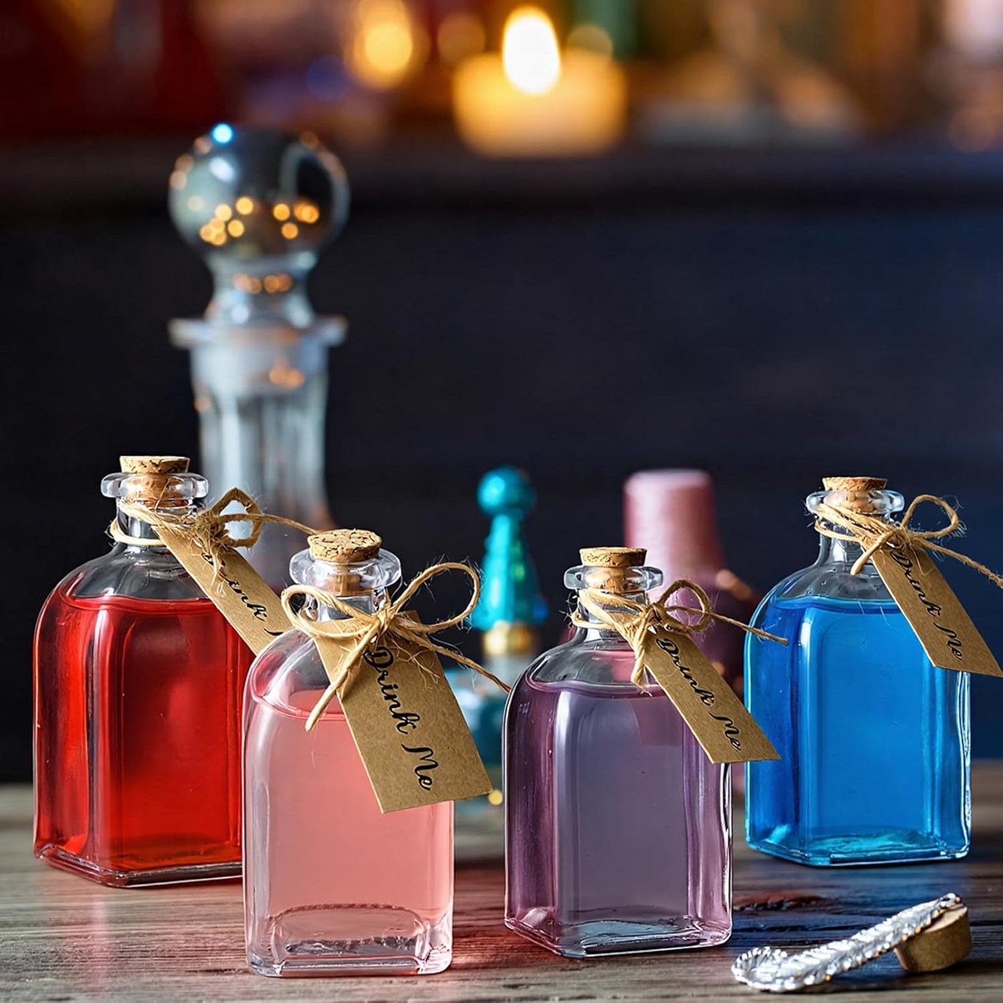 Baderke 18 Pcs 4oz Glass Potion Bottles Favor Jars with Cork Lid Twine Tags Glass Bottles Tiny Vintage Square Water Candy Jars Honey Spice Vials Party Favors DIY Crafts Halloween Wedding Decorations