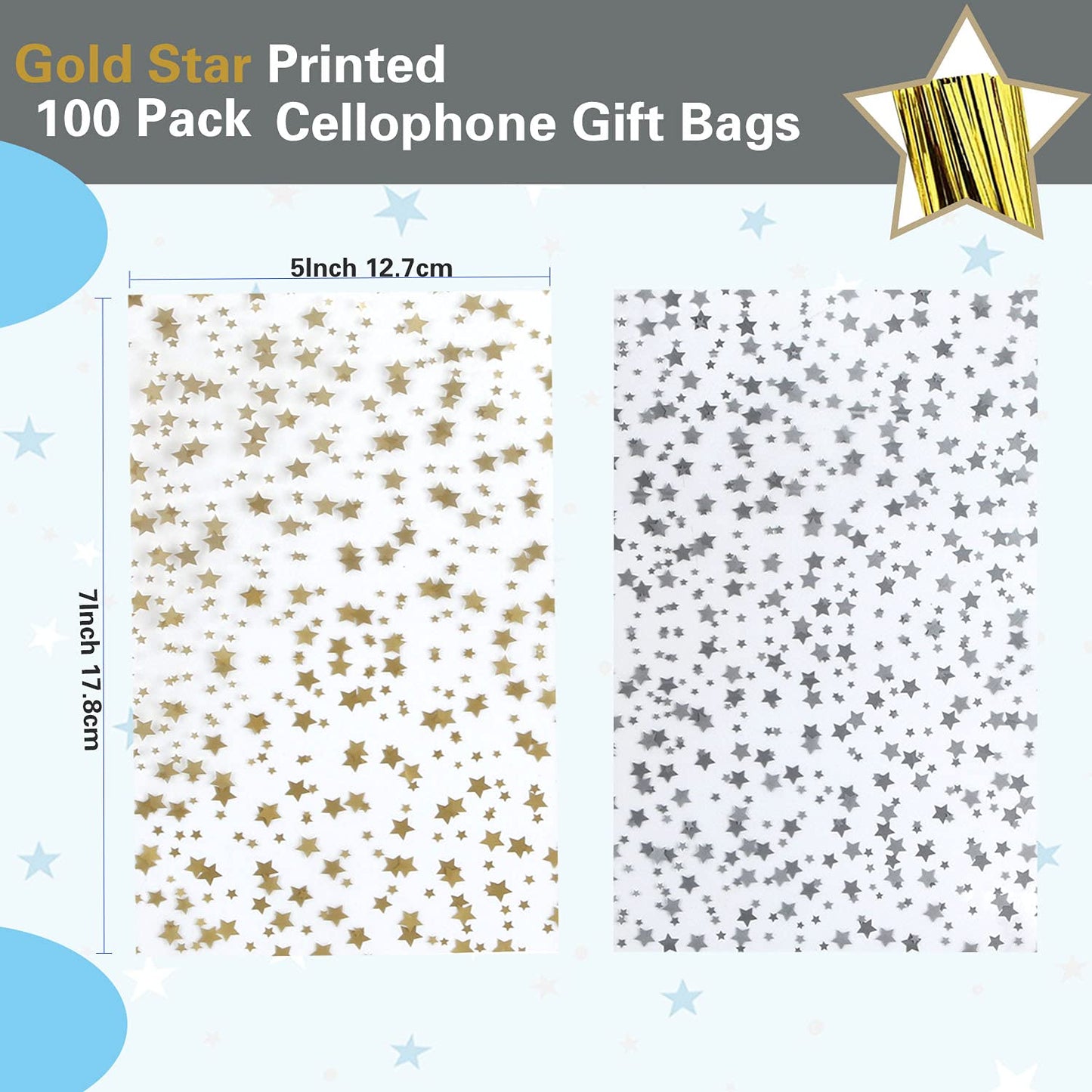 COQOFA 100 Pcs Star Printed 5"X 7" Gift Wrap Cello Cellophane Treat Bags Party Favor bags Clear