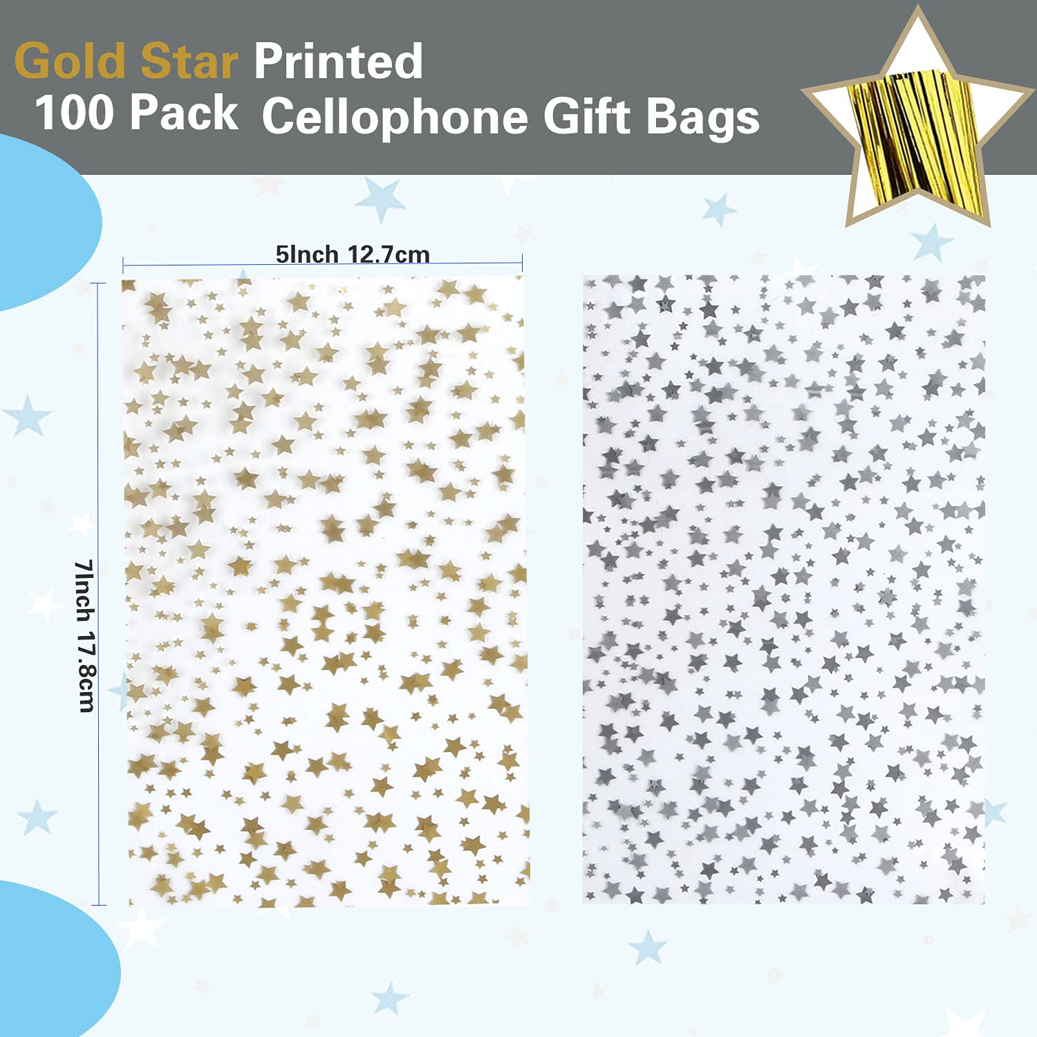 COQOFA 100 Pcs Star Printed 5"X 7" Gift Wrap Cello Cellophane Treat Bags Party Favor bags Clear