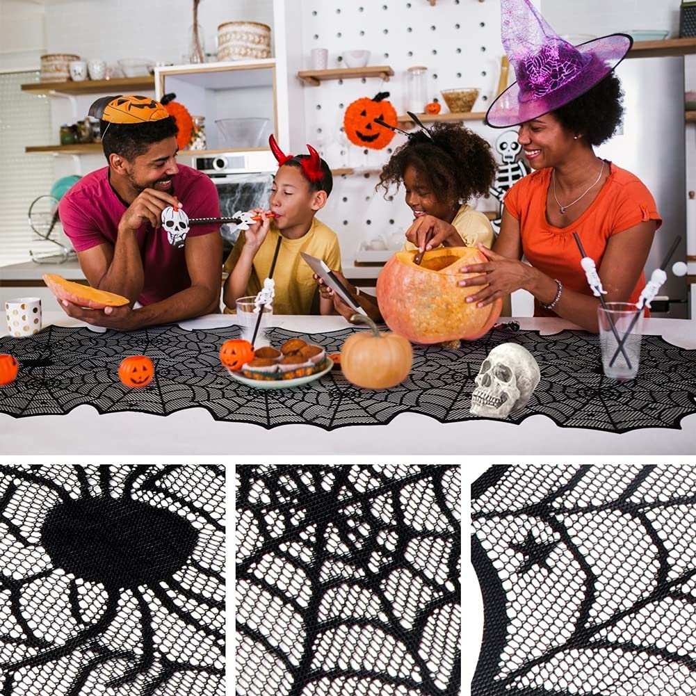 Halloween Table Runner, Black Lace Spider Web Table Runners for Halloween Decor/Party Dinner Table