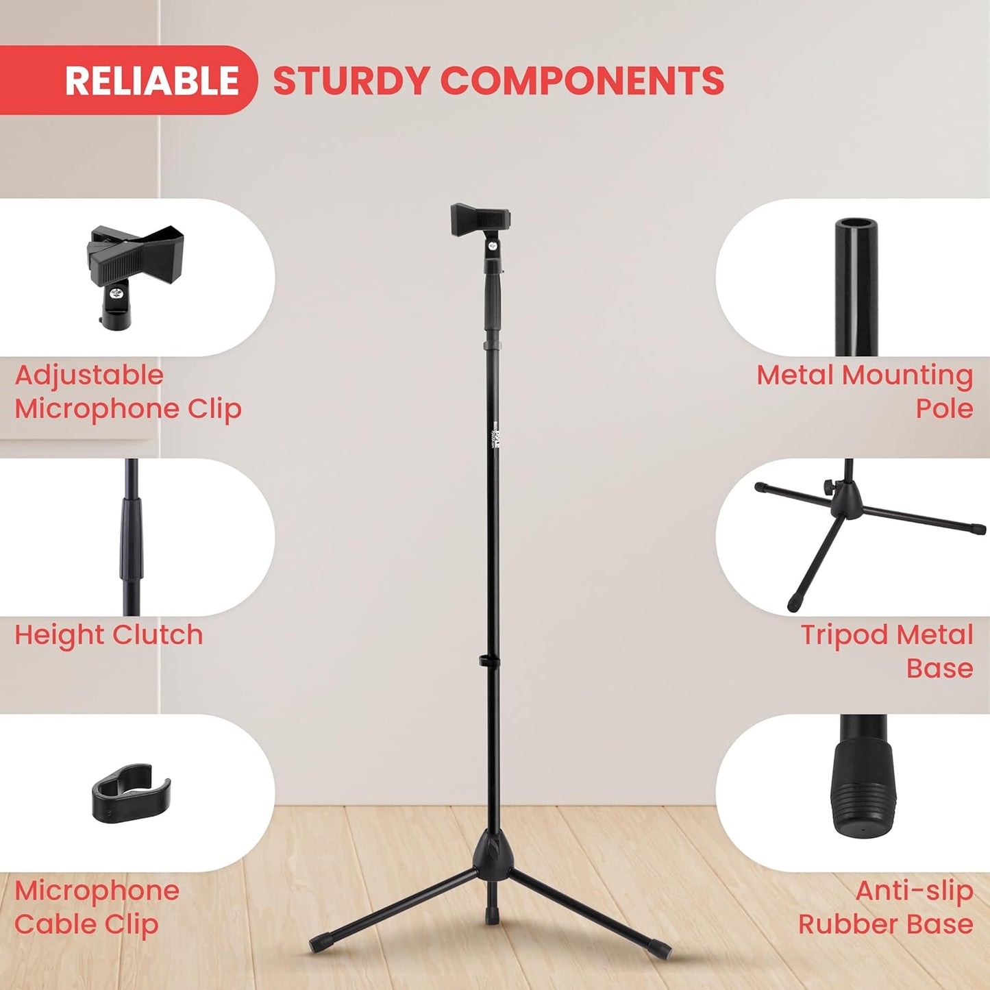 Pyle Tripod Microphone Stand, Height Adjustable from 39.37" to 66.14'', Mic Stand for Floor, Sturdy and Durable Build, Non-Slip Rubber Feet, With 5/8" Screw Adapter, Cable Clip, Compact Folding Design