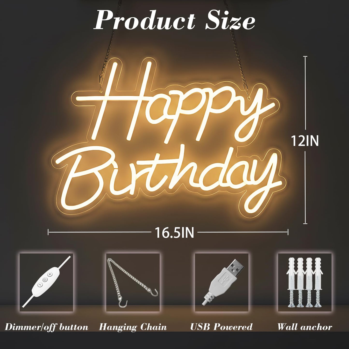Happy Birthday Neon Sign for Backdrop, LED Happy Birthday Light Up Sign, USB Powered Dimmable Neon