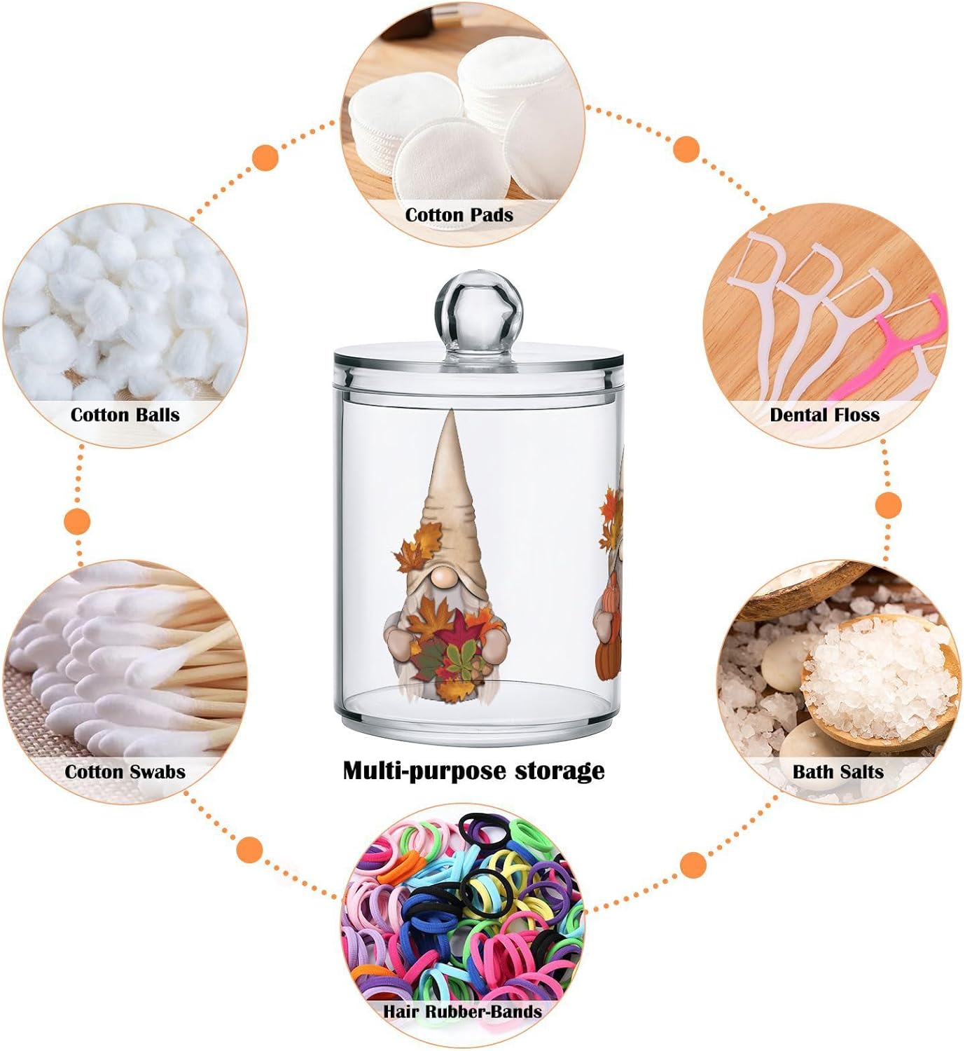 Gredecor 4 Pack Apothecary Jars with Lid Fall Gnome Maple Pumpkins Qtip Holder Dispenser Storage Containers Clear Plastic Cute Fall Autumn Thanksgiving Theme Canisters for Bathroom Vanity Organization