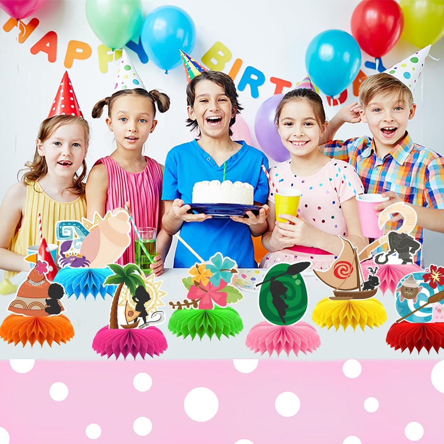 8Pcs Tropical Hawaiian Birthday Party Supplies, Tropical Luau Summer Honeycomb Centerpieces Cartoon Movie Theme 3D Table Decorations