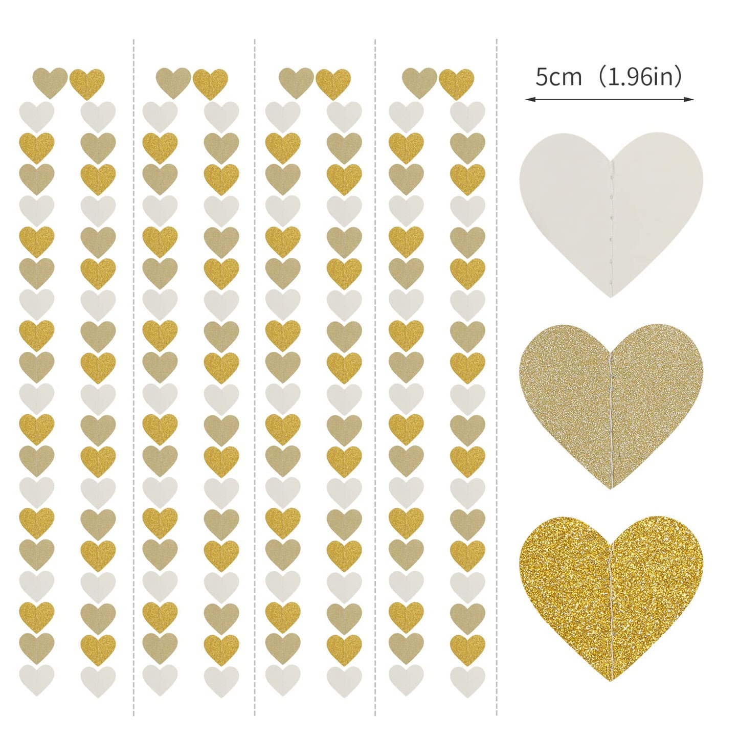White-Gold Champagne Party-Decorations Heart Streamers Garland - 52Ft Christmas Wedding Engagement