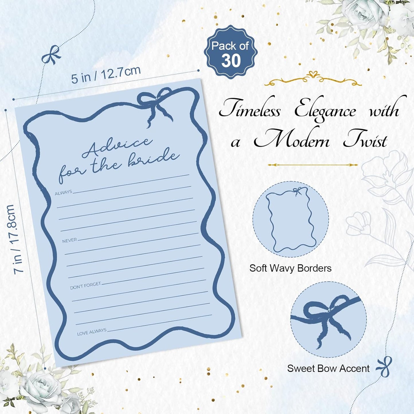 DEEKA 30 PCS Bridal Shower Games Card for 30 Guests Blue Wavy Border Ribbon Bow Funny Wedding Bachelorette Party Games for Reception (Advice for The Bride)