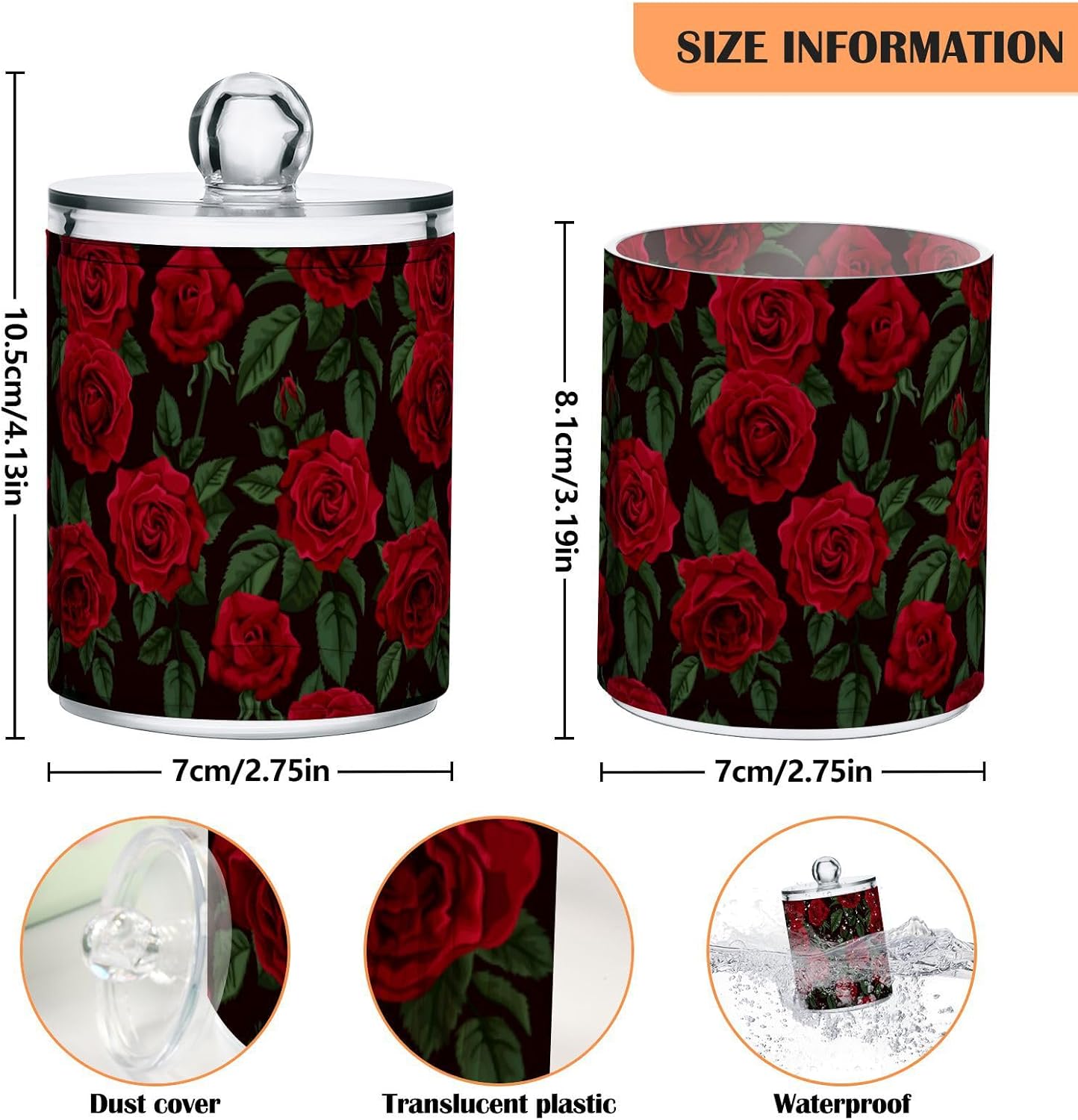Gredecor Qtip Holder Dispenser 4 Pack Red Rose Flowers Leaves Apothecary Jars with Lids Bathroom Vanity Countertop Canister Storage Organizer for Cotton Ball,Swabs,Pads,Floss