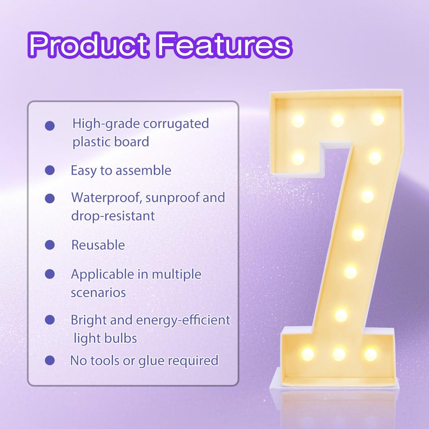 4FT Plastic Marquee Numbers 7 - Light up Numbers Are Made from Corrugated Plastic Board - Quick Assembly Without Tools, Disassembled Components Can Be Used for Photo Wall Decoration, Yard Sale Signs