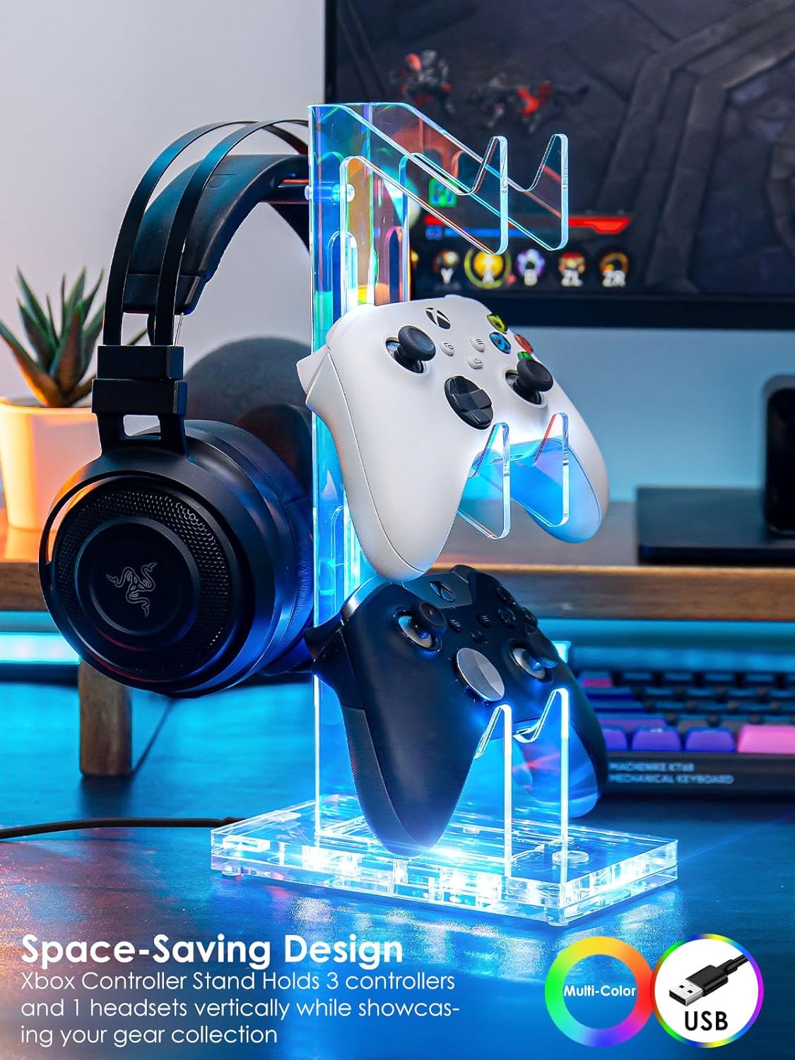 OAPRIRE Headset and Controller Stand with Lights, 3 Tier Acrylic Game Controller Holder, Controller and Headset Stand for Desktop,Universal Design Compatible with PS5/PS4/XBOX/SWITCH (Clear)
