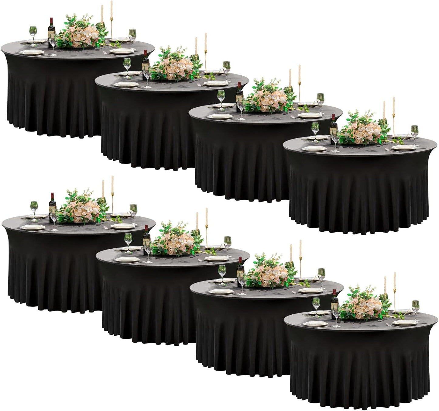 8 Pack Black Round Spandex Tablecloth 60 Inch, Wrinkle Free Stretch 120 Inch Fitted 5ft Black Table Cloths Round Table Covers with Ruffle Skirt for Graduation Wedding Party Banquet