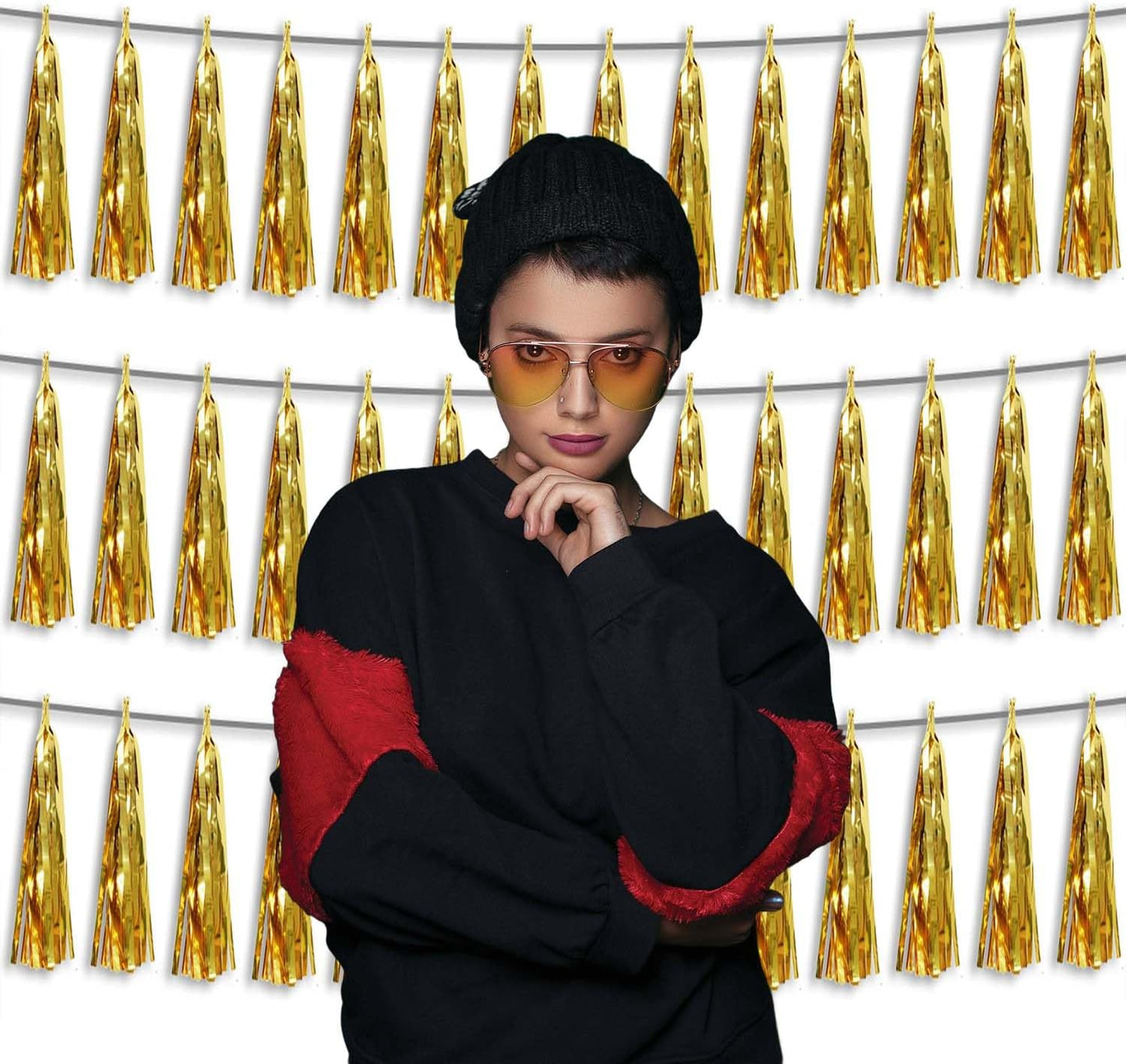 3P Metallic Fringe Tassel Banner Garland Foil Tinsel Streamer Wall Hanging Curtain Backdrop Banner for Parade Floats, Graduation Decorations, Wedding Party Decoration(Gold)