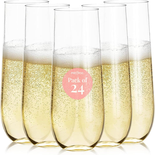 Prestee 24-Pack Stemless Plastic Champagne Flutes - 9 oz Clear Disposable Glasses for Wine, Cocktails, Mimosas - Champagne Flutes Plastic for Parties and Celebrations
