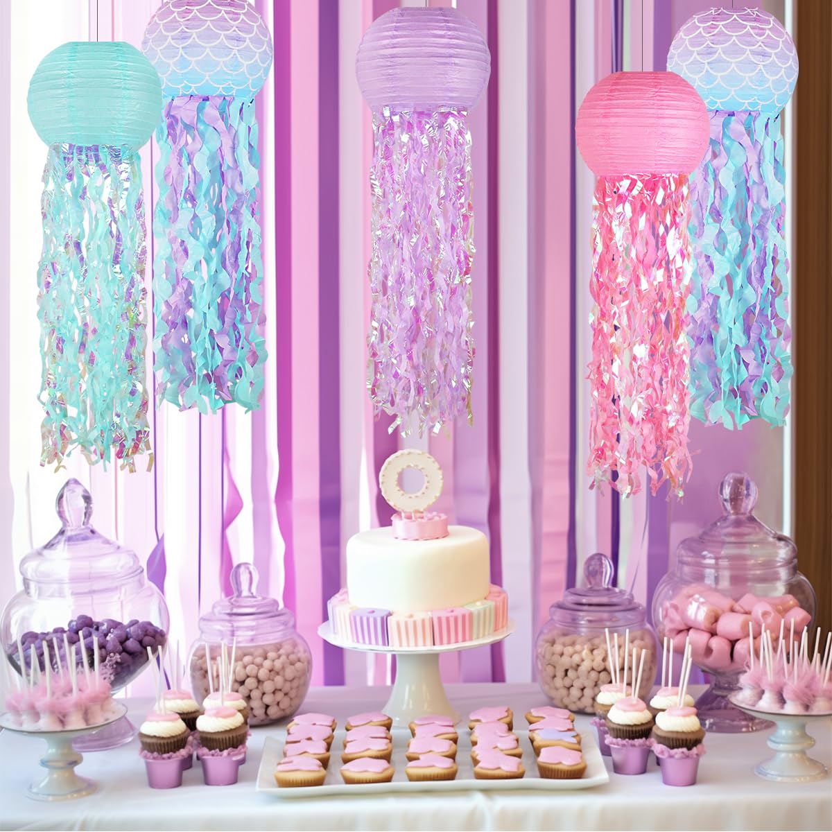 Mermaid Birthday Decorations, Jellyfish Paper Lanterns Pink Lavender Blue Mermaid Scales Hanging